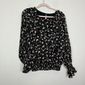Sanctuary Black Floral Ruffled Elastic Waist Long Sleeve Semi Sheer Top Size XS